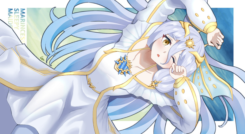 1girl, arms_up, blush, breasts, character_name, collarbone, dress, duel_monster