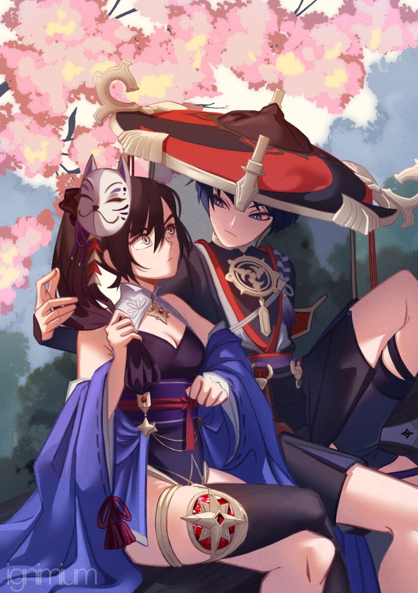 1boy, 1girl, alternate_costume, alternate_hairstyle, armor, artist_name, astyllian, bare_shoulders