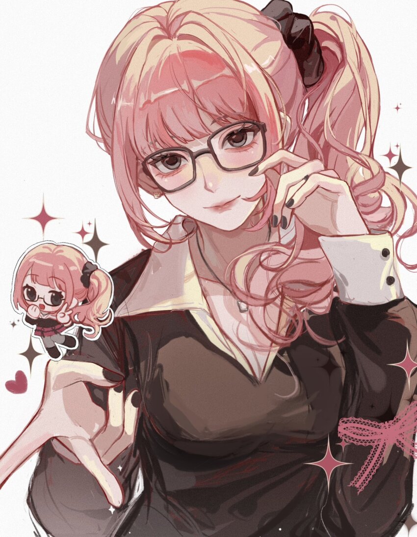 1girl, aespa, black-framed_eyewear, black_eyes, black_nails, black_shirt, breasts, chibi