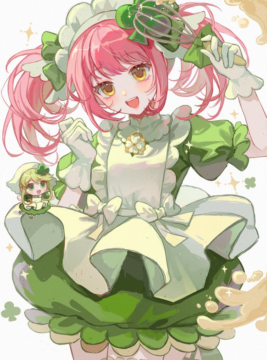 2girls, amulet_clover, apron, blonde_hair, bow_apron, club_(shape), club_hair_ornament, dress