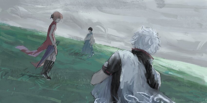 1girl, 2boys, black_boots, black_hair, black_shirt, blue_pants, boots, cloud