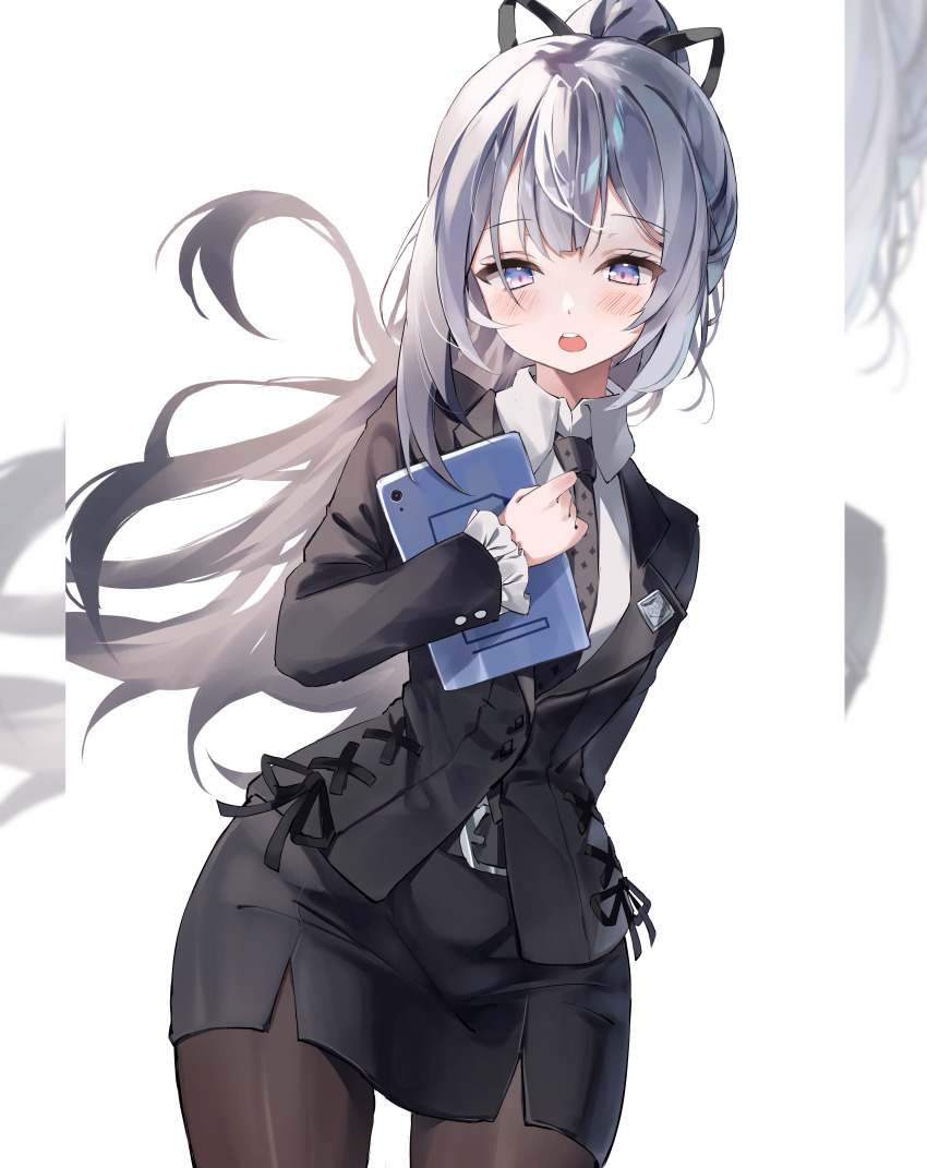 1girl, absurdres, arm_behind_back, badge, belt_buckle, black_necktie, black_pantyhose, black_suit