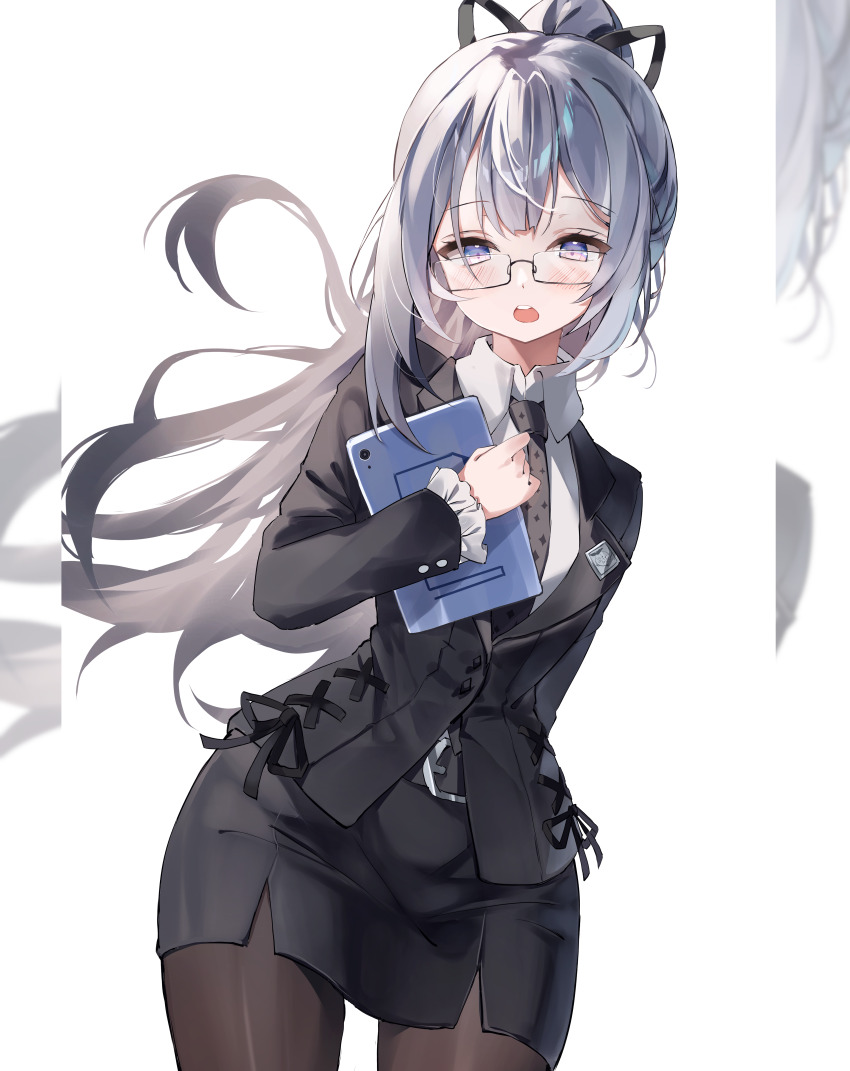 1girl, absurdres, arm_behind_back, badge, belt_buckle, black_necktie, black_pantyhose, black_suit