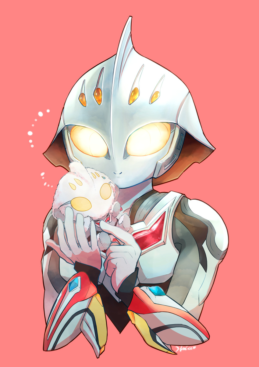 1boy, absurdres, alien, arm_blade, black_skin, c:, character_doll, colored_skin, commentary_request, cropped_torso, doll, dorsal_fin, glowing, glowing_eyes, grey_skin, highres, holding, holding_stuffed_toy, m78_fuwafuwa, male_focus, multicolored_skin, red_background, red_skin, signature, silver_skin, simple_background, smile, stuffed_toy, tochiringo, tokusatsu, ultra_series, ultraman_nexus, ultraman_nexus_(series), ultraman_nexus_anphans, vambraces, weapon, yellow_eyes
