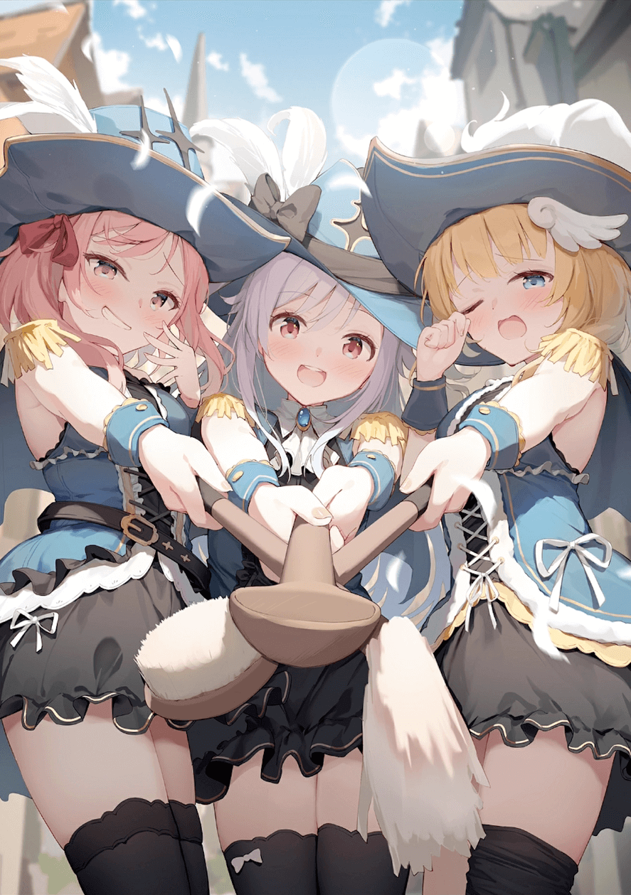 3girls, black_thighhighs, blonde_hair, blue_dress, blue_eyes, blush, dot_nose, dress, fudeshima_shigure, hat, highres, loli, long_hair, looking_at_viewer, motosu_towa, multiple_girls, niizuma_yae, official_art, one_eye_closed, outdoors, pink_hair, skirt, sleeveless, thighhighs, white_hair, wink, world_dai_star