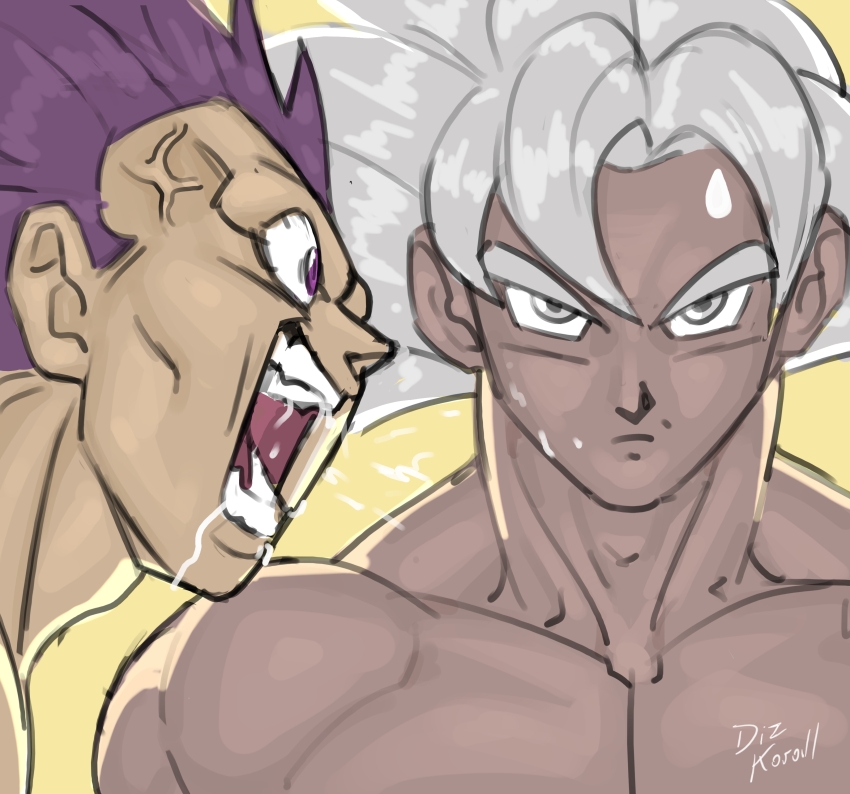2boys, absurdres, anger_vein, commentary, crazy_eyes, dragon_ball, dragon_ball_super, drooling