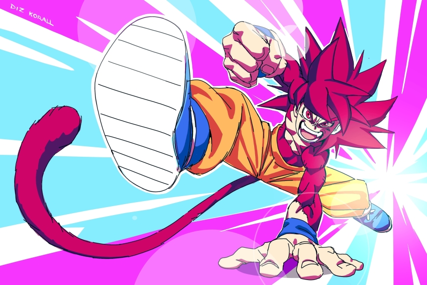 1boy, blue_boots, boots, commentary, dragon_ball, dragon_ball_daima, foreshortening, full_body