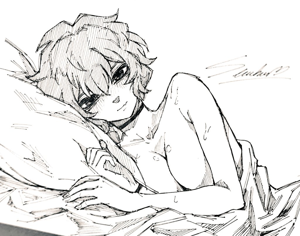 1girl, bed_sheet, breasts, choker, cleavage, commentary, fang, greyscale