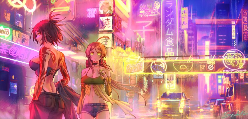 2girls, absurdres, arm_tattoo, back_tattoo, blue_shorts, breasts, brown_hair, camisole