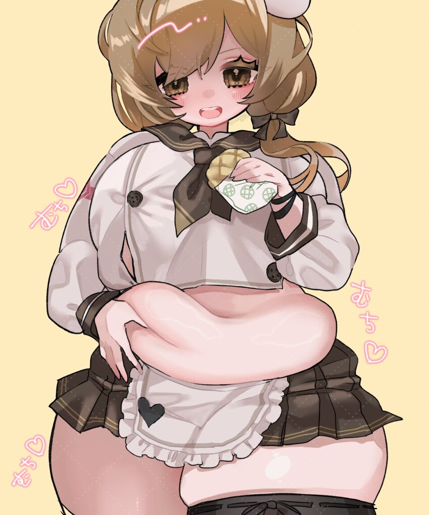 1girl, apron, belly, black_thighhighs, blush, bow, bracelet, bread