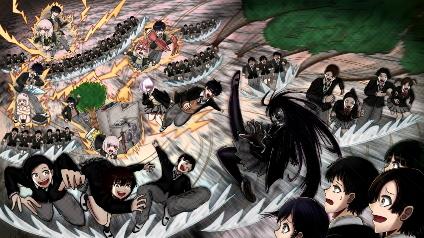 absurdres, black_hair, blush, brown_eyes, car, character_request, commentary_request, grey_eyes