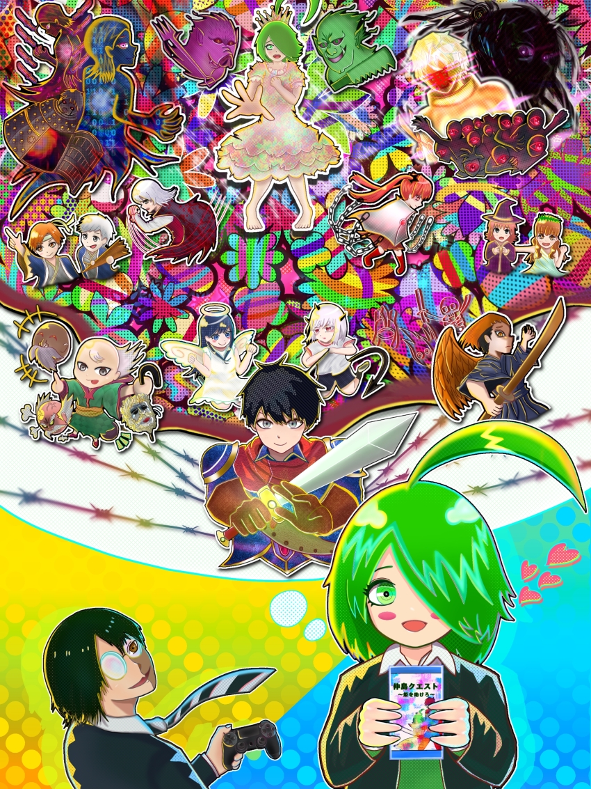 absurdres, ahoge, aoyama_saki, barbed_wire, black_hair, blue_eyes, blush, blush_stickers, boots, brown_eyes, brown_gloves, brown_hair, character_request, commentary_request, controller, crown, demon_tail, dress, everyone, facial_hair, feathered_wings, game_controller, glasses, gloves, green_hair, grey_eyes, hair_over_one_eye, halo, hat, heart, highres, hippusutobu, holding, holding_controller, holding_game_controller, holding_sword, holding_weapon, horns, ijimeru_yabai_yatsu, index_finger_raised, laurel_crown, midorida_natsuka, multiple_boys, multiple_girls, mustache, necktie, open_mouth, red_boots, red_eyes, shirosaki_hana_(ijimeru_yabai_yatsu), shorts, simple_background, skeleton, smile, speech_bubble, striped_clothes, striped_necktie, sword, tail, tanaka_kouta, thought_bubble, twintails, weapon, white_hair, wings, witch_hat