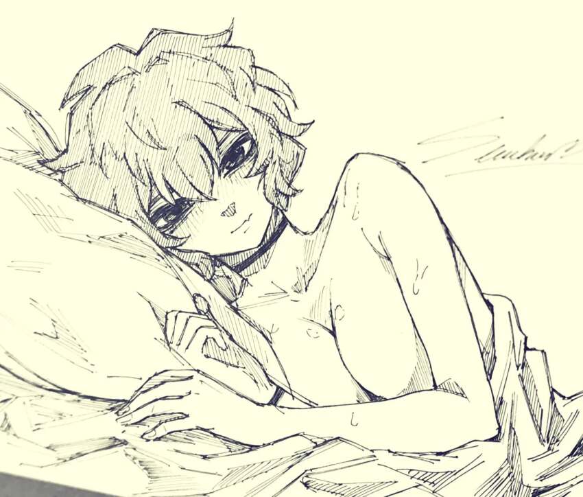 1girl, bed_sheet, breasts, choker, commentary, fang, greyscale, hatching_(texture)