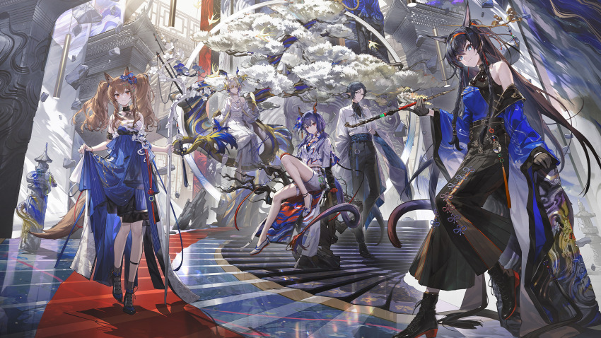 1boy, 4girls, absurdres, alternate_costume, ambience_synesthesia, angelina_(ambience_synesthesia_2025)_(arknights), angelina_(arknights), animal_ears, arknights, bird, black_dress, black_hair, black_pants, black_shoes, blaze_(ambience_synesthesia_2025)_(arknights), blaze_(arknights), blue_dress, blue_eyes, breasts, brown_eyes, brown_hair, brown_tail, cat_ears, ch'en_(ambience_synesthesia_2025)_(arknights), ch'en_(arknights), dress, hair_between_eyes, highres, holding, holding_own_dress, holding_smoking_pipe, horns, jacket, kieed, leg_up, long_bangs, multiple_girls, official_art, palace, pants, platform_shoes, pointy_ears, purple_hair, second-party_source, shirt, shoes, shorts, shu_(arknights), shu_(bingwenyuyou)_(arknights), sitting, small_breasts, smile, smoking_pipe, standing, standing_on_one_leg, tail, tree, white_dress, white_jacket, white_shirt, white_shorts, zuo_le_(ambience_synesthesia)_(arknights), zuo_le_(arknights)