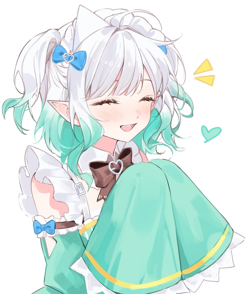 1girl, :d, absurdres, ahoge, black_bow, black_bowtie, blue_bow, bow