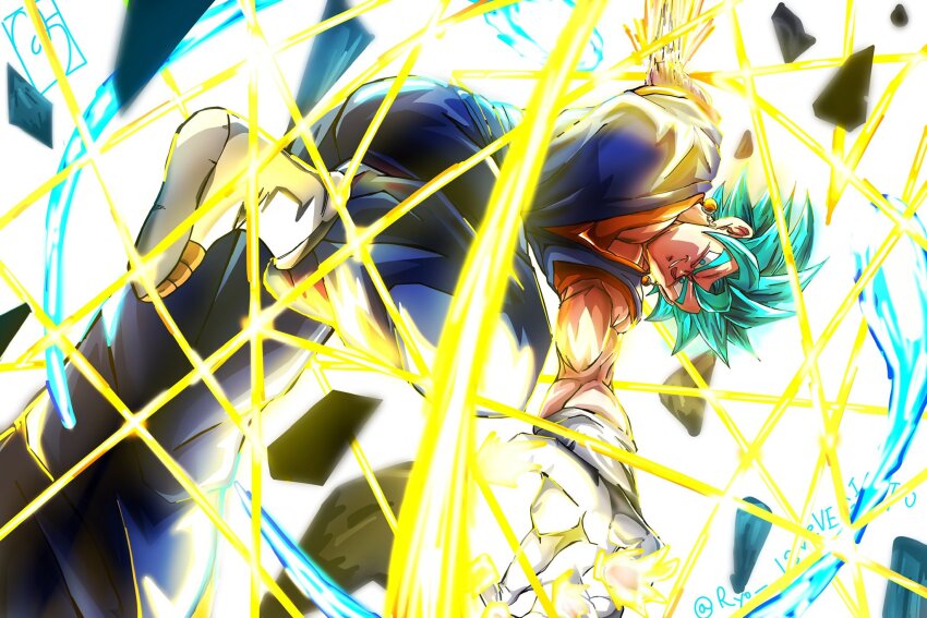 1boy, aura, blue_eyes, blue_hair, blue_pants, blue_shirt, dougi, dragon_ball, dragon_ball_super, dragon_ball_z_dokkan_battle, earrings, energy_sword, foot_out_of_frame, gloves, highres, jewelry, male_focus, medium_hair, muscular, muscular_male, orange_shirt, pants, potara_earrings, ryo_lovevegito, shirt, solo, spiked_hair, super_saiyan, super_saiyan_blue, sword, transcendent_blazer, upper_body, vegetto, weapon, white_background, white_gloves