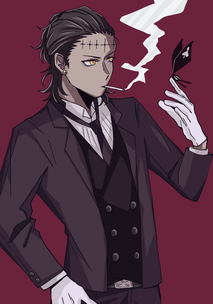 1boy, belt, black_butterfly, black_necktie, black_pants, black_suit, black_vest, brown_hair