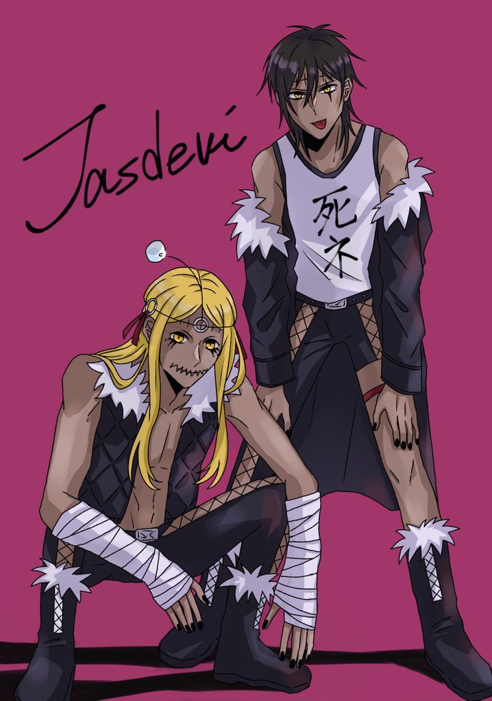 2boys, arm_wrap, asymmetrical_pants, bandage_on_neck, bandaged_arm, bandages, bare_shoulders, belt