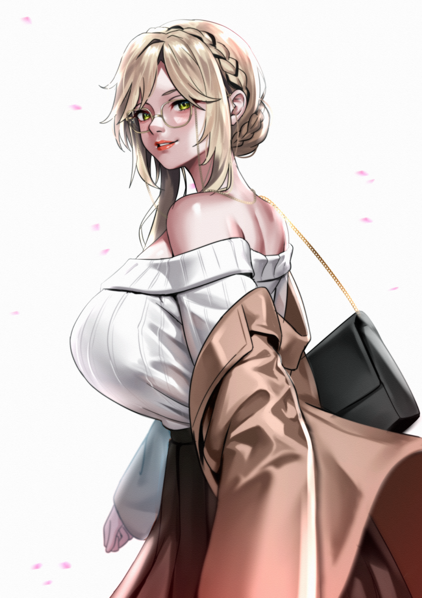 1girl, ade_(maid_in_spring)_(nikke), ade_(nikke), bag, blonde_hair, braid, braided_bun, breasts, brown_coat, coat, from_side, goddess_of_victory:_nikke, hair_bun, handbag, huge_breasts, long_sleeves, off-shoulder_sweater, off_shoulder, official_alternate_costume, round_eyewear, sidelocks, smile, solo, sweater, sweater_tucked_in, white_background, white_sweater, yellow_eyes, zinfian