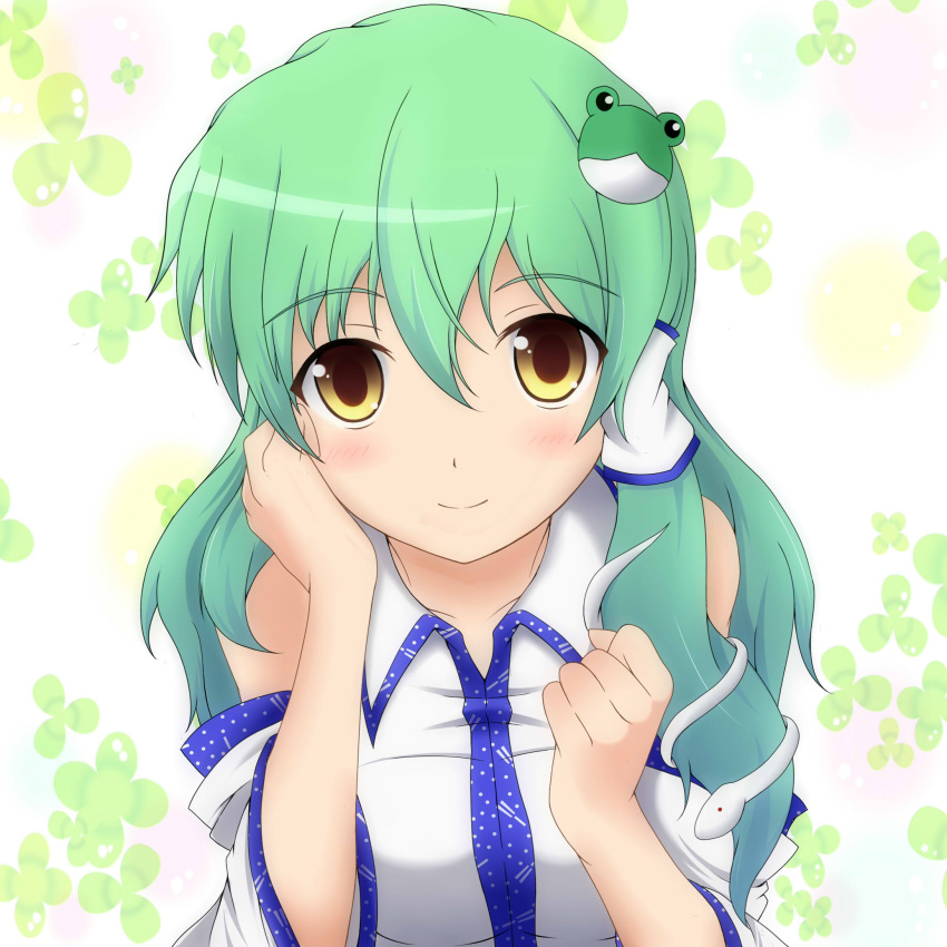 1girl, blush, breasts, female_focus, frog, green_hair, hair_ornament, highres