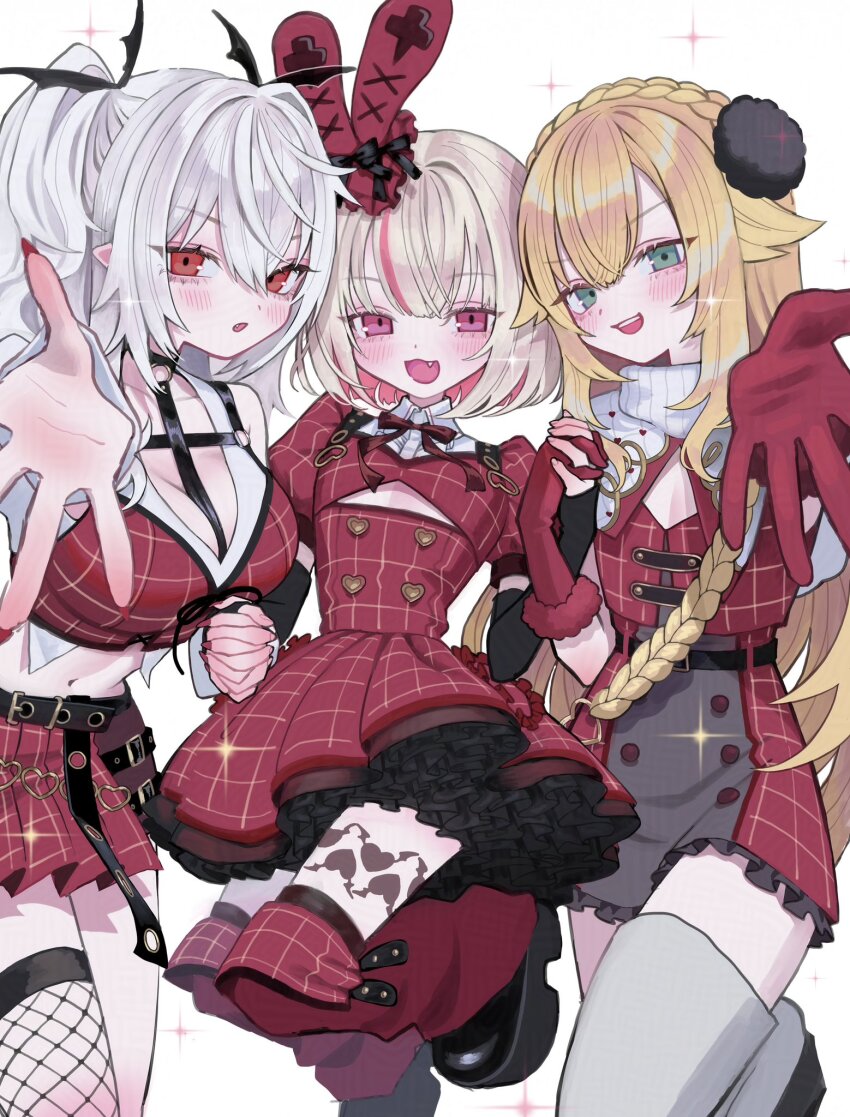 1boy, 2girls, :d, age_difference, bat_hair_ornament, belt, blonde_hair, boots, braid, brown_hair, buttons, checkered_clothes, checkered_skirt, collared_dress, colored_inner_hair, crossdressing, crown_braid, double-breasted, dress, fang, fishnet_thighhighs, fishnets, flat_chest, genderswap, genderswap_(mtf), gloves, green_eyes, grey_hair, hair_flaps, hair_ornament, highres, kuzuha_(nijisanji), leg_tattoo, leg_warmers, long_hair, long_sleeves, loser_kings, makaino_ririmu, midriff, miniskirt, multicolored_hair, multiple_girls, nail_polish, navel, nelta_rene, nijisanji, onee-loli, open_mouth, petticoat, pink_eyes, pink_hair, platform_shoes, pleated_skirt, pointy_ears, pom_pom_(clothes), pom_pom_hair_ornament, red_dress, red_eyes, red_gloves, sanya_(nijisanji), shoes, simple_background, single_thighhigh, skirt, smile, straight_hair, streaked_hair, tattoo, teeth, thigh_boots, thighhighs, trap, twintails, two-tone_hair, upper_teeth_only, uzuki_kou, virtual_youtuber, wavy_hair, white_background, winged_heart, winged_heart_tattoo