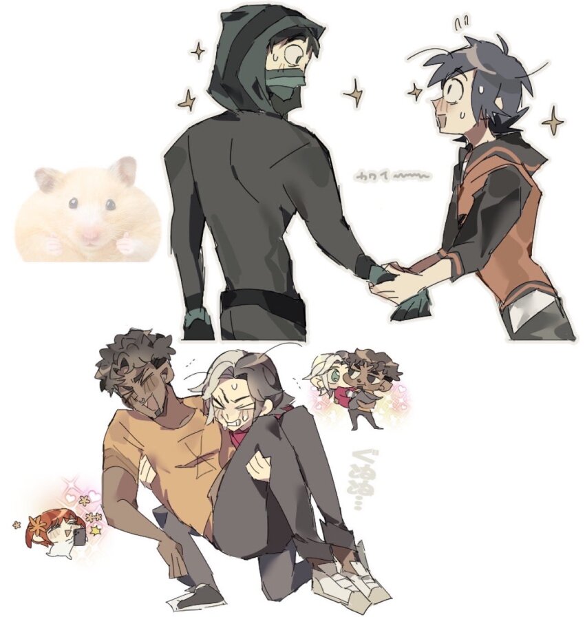 1girl, 4boys, afro, aiden_(disventure_camp), black_hair, black_shirt, blush, carrying, carrying_person, commentary_request, dark-skinned_male, dark_skin, disventure_camp, dokusuji_(kw9onou58), green_hood, green_mask, highres, holding_hands, hood, hood_up, hoodie, jake_(disventure_camp), james_(disventure_camp), lake_muller, male_focus, mask, mouth_mask, multicolored_hair, multiple_boys, red_hoodie, shirt, small_sweatdrop, split-color_hair, tom_(disventure_camp), two-tone_hair, white_hair, yellow_shirt