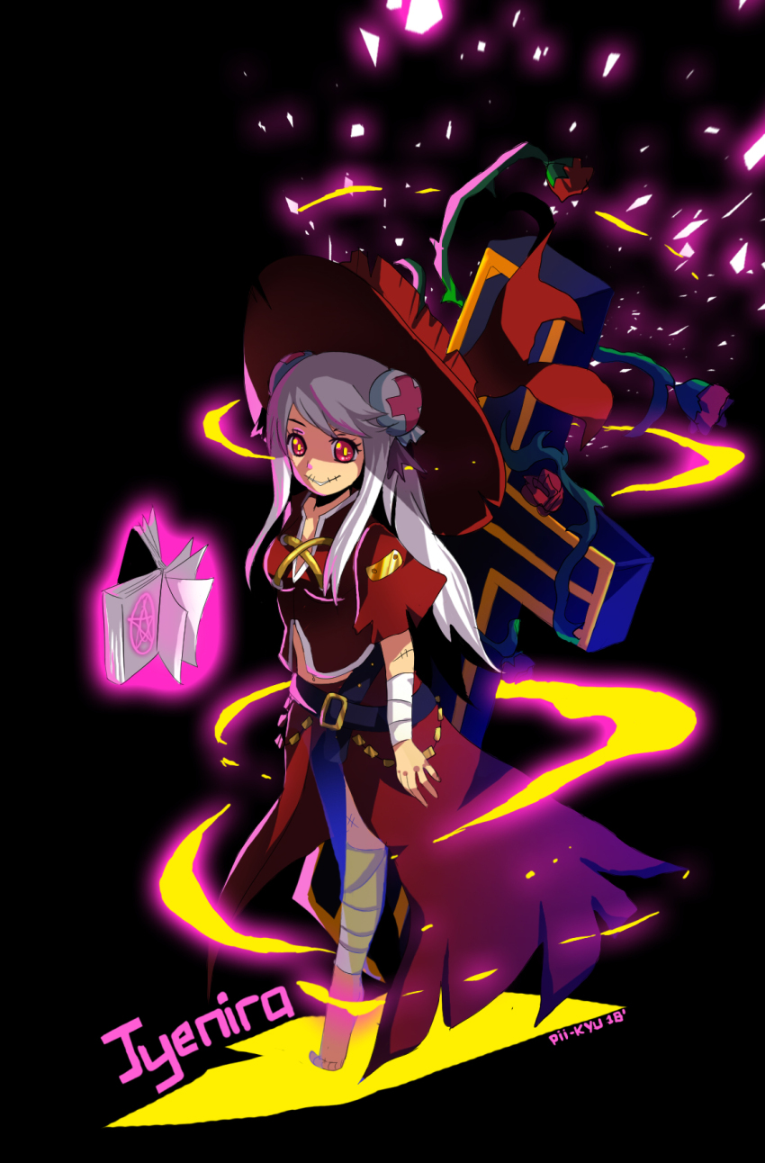 1girl, barefoot, belt, black_background, black_belt, book, breasts, bun_cover