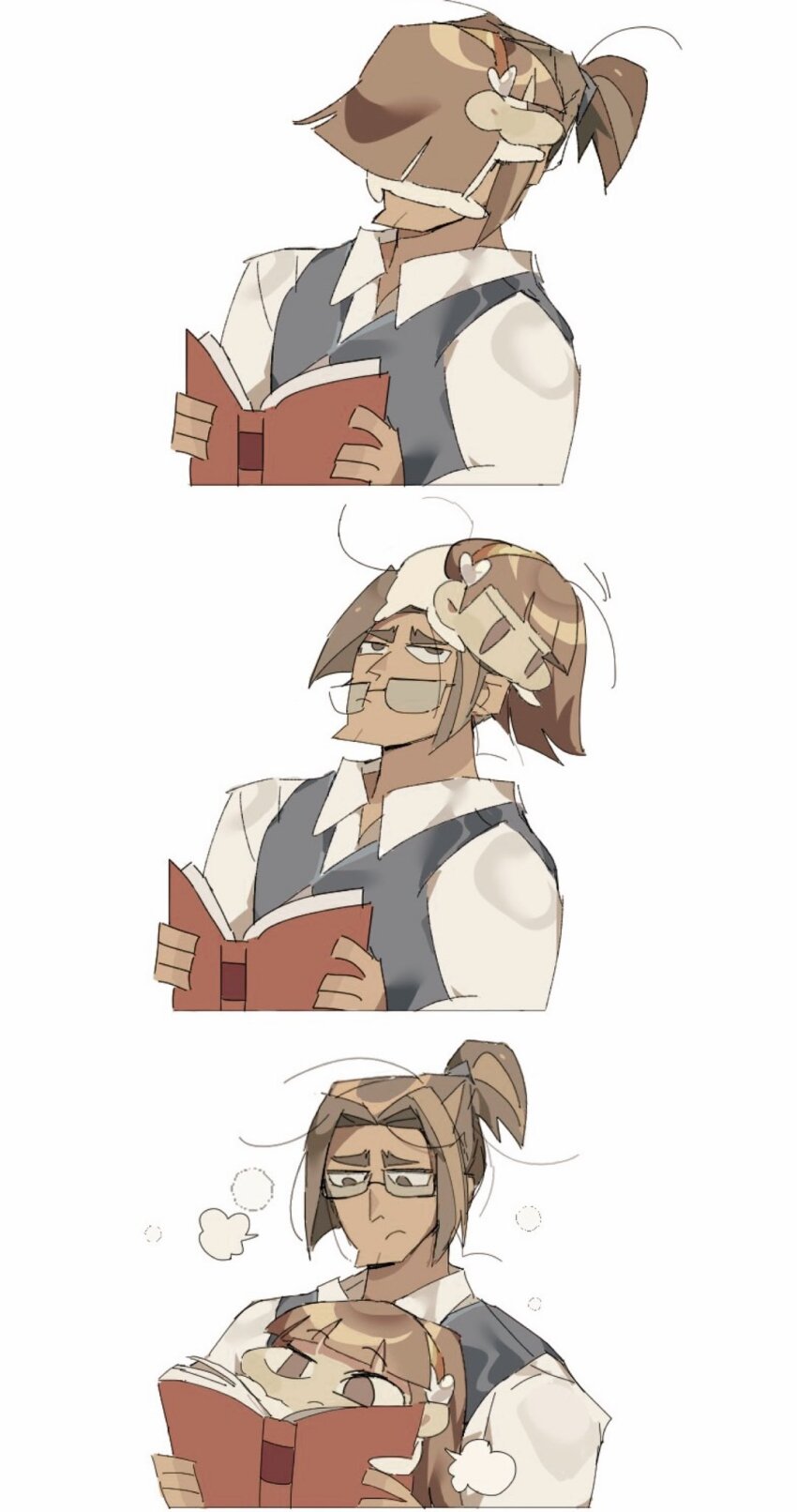 1boy, 1girl, alec_(disventure_camp), book, brown_eyes, brown_hair, commentary_request, dark-skinned_male