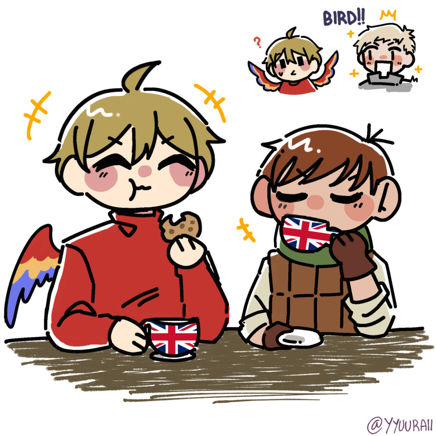 3boys, ^_^, ahoge, bird_boy, bird_wings, blonde_hair, blush_stickers, brown_hair