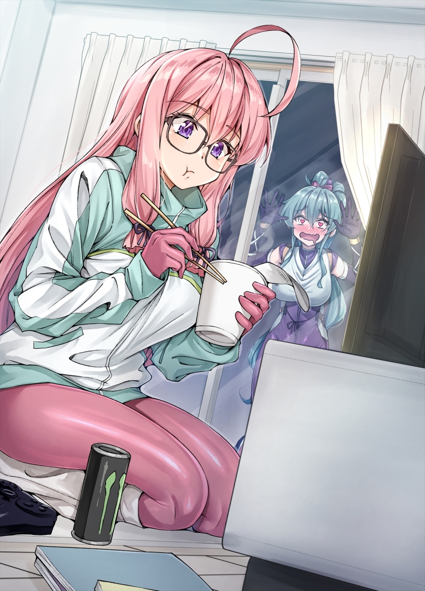 2girls, :t, ahoge, aqua_jacket, black-framed_eyewear, black_gloves, blush, bodysuit