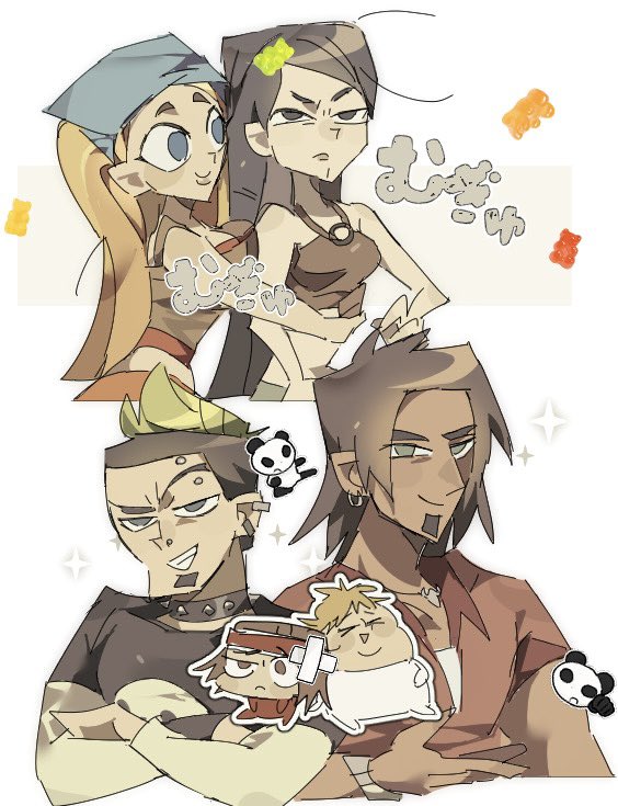 2girls, 4boys, alejandro_(total_drama), bandana, black_eyes, black_hair, black_shirt, blue_bandana, blue_eyes, brown_hair, candy, choker, commentary_request, crossed_arms, dark-skinned_male, dark_skin, dokusuji_(kw9onou58), duncan_(total_drama), eyebrow_piercing, face_piercing, facial_hair, food, green_hair, gummy_bear, heather_(total_drama), jewelry, lindsay_(total_drama), long_hair, mohawk, multiple_boys, multiple_girls, necklace, nose_piercing, owen_(total_drama), panda, piercing, red_shirt, red_tank_top, shirt, spiked_choker, spikes, tank_top, total_drama, translation_request