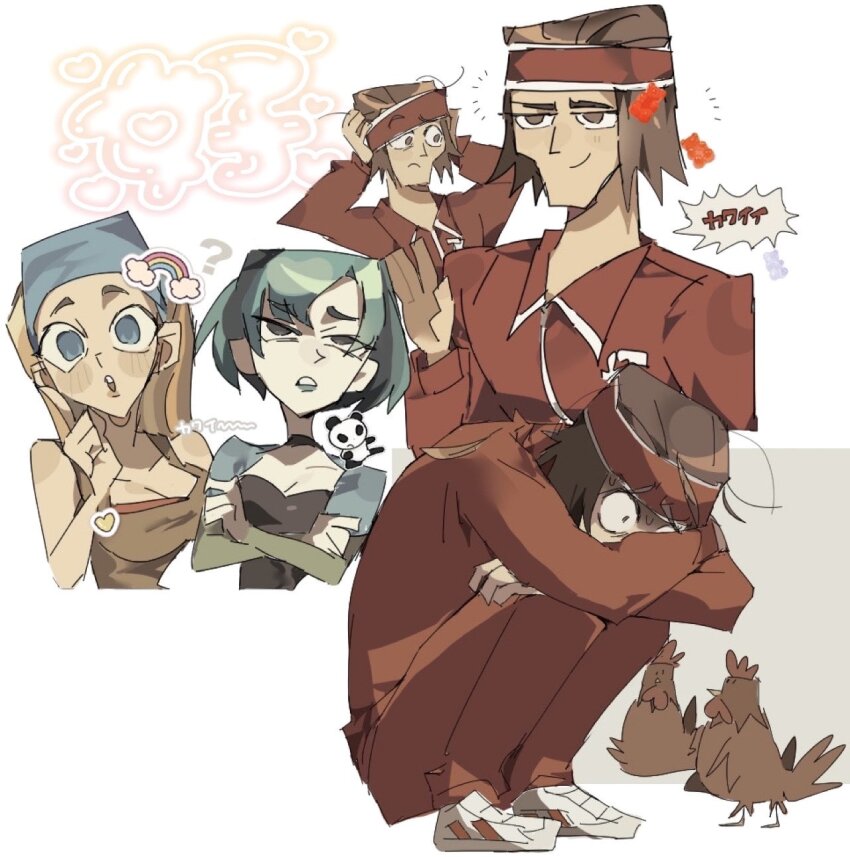 1boy, 2girls, aqua_hair, arms_on_knees, bandana, bird, black_hair, blonde_hair, blue_bandana, blue_eyes, brown_eyes, brown_hair, brown_tank_top, chicken, collared_shirt, commentary_request, dokusuji_(kw9onou58), gwen_(total_drama), headband, heart, highres, index_finger_raised, lindsay_(total_drama), long_hair, multicolored_hair, multiple_girls, open_mouth, pants, red_headband, red_pants, red_shirt, shirt, shoes, short_hair, smile, squatting, streaked_hair, tank_top, total_drama, translation_request, two-tone_hair, tyler_(total_drama), white_shoes