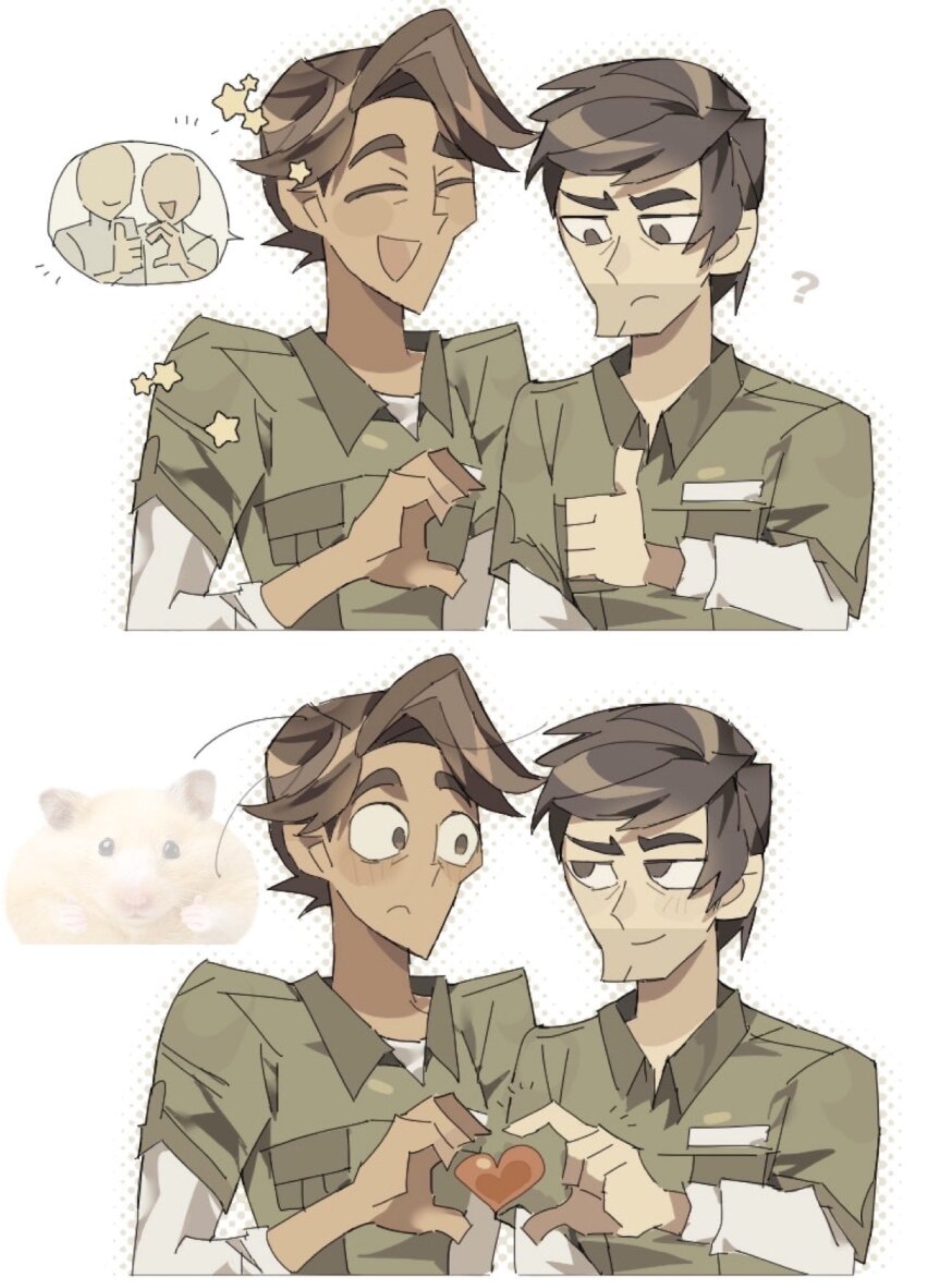 2boys, ?, black_hair, blush, brown_hair, closed_mouth, collared_shirt, commentary_request, derek_(disventure_camp), disventure_camp, dokusuji_(kw9onou58), frown, green_shirt, heart, heart_hands, heart_hands_duo, highres, layered_shirt, layered_sleeves, long_sleeves, male_focus, multiple_boys, open_mouth, shirt, short_hair, short_over_long_sleeves, short_sleeves, smile, thumbs_up, trevor_(disventure_camp), white_shirt