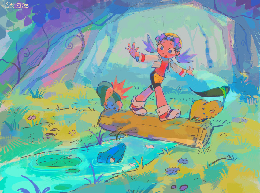 1girl, absurdres, artist_name, blue_eyes, blue_hair, blush, chikorita, closed_eyes