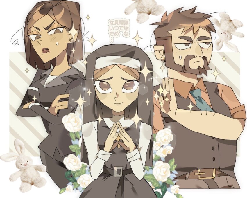 1boy, 2girls, amelie_pierre, beard, black_dress, black_jacket, black_pants, blazer