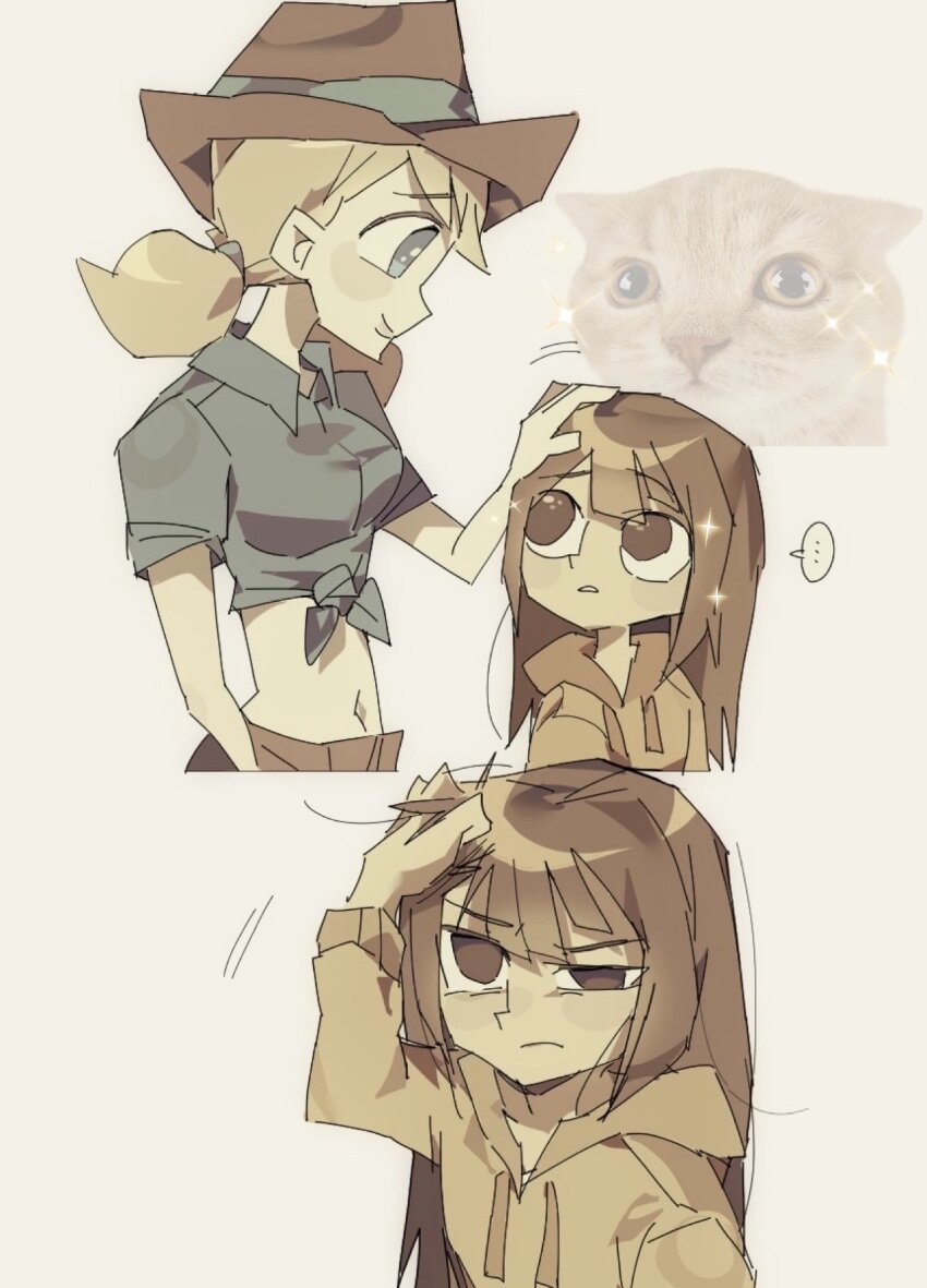 ..., 2girls, ashley_(disventure_camp), blonde_hair, blue_shirt, brown_hair, brown_hat, collared_shirt