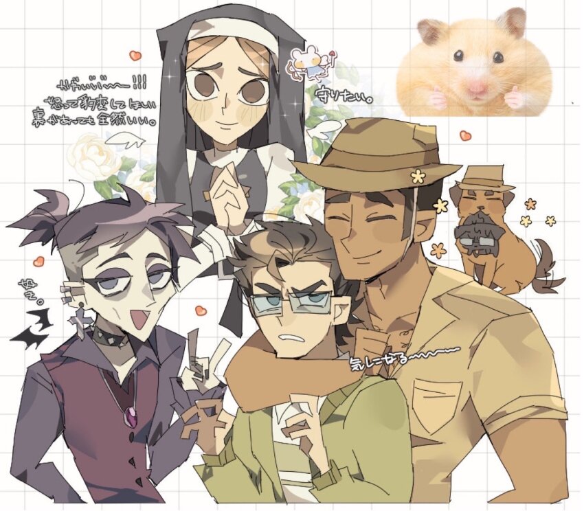 1girl, 1other, 2boys, arm_around_neck, black_hair, brown_eyes, brown_hair, brown_hat