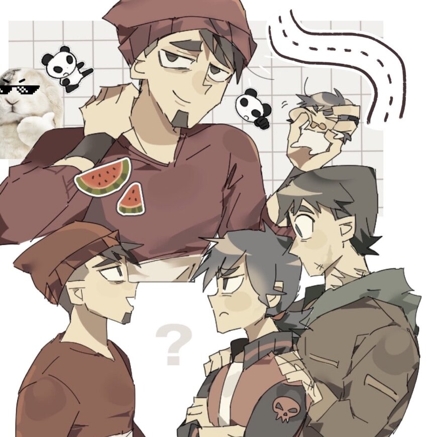 3boys, beanie, black_hair, black_jacket, blue_eyes, commentary_request, crossed_arms, disventure_camp