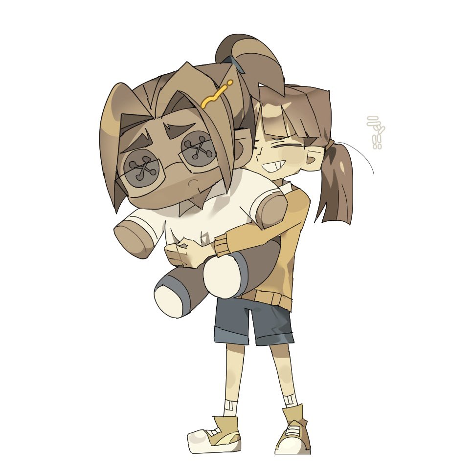 1girl, alec_(disventure_camp), blue_shorts, brown_hair, character_doll, commentary_request, disventure_camp, dokusuji_(kw9onou58)