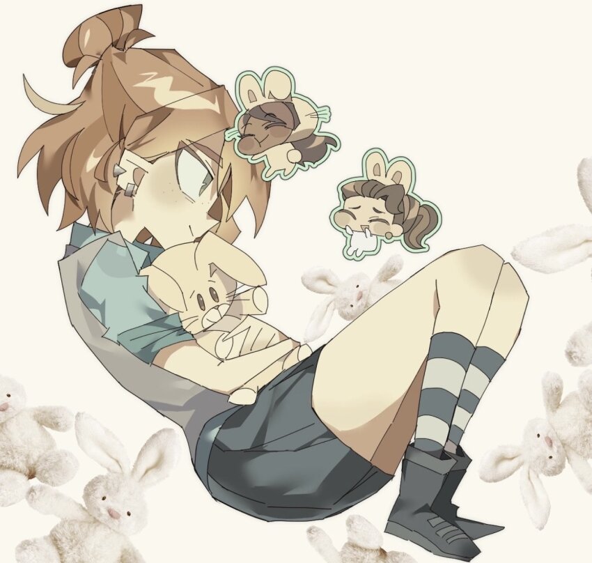 3girls, animal_ears, black_boots, blue_shirt, blue_skirt, boots, brown_hair, chibi