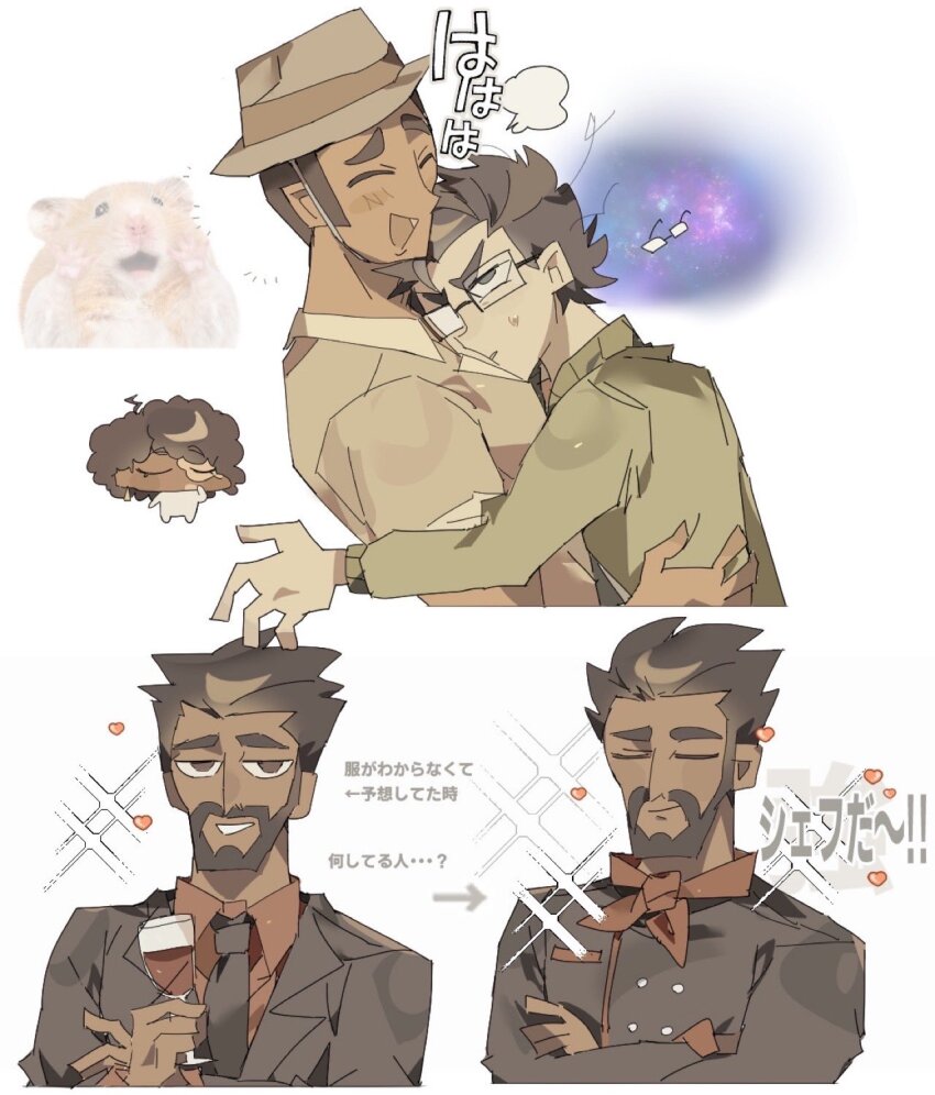 1girl, 4boys, afro, arrow_(symbol), bandana, bandana_around_neck, beard, black_jacket, black_necktie, blazer, brown_hat, brown_shirt, collared_shirt, commentary_request, crossed_arms, cup, dark-skinned_female, dark-skinned_male, dark_skin, diego_olivo, disventure_camp, dokusuji_(kw9onou58), drinking_glass, facial_hair, glasses, green_jacket, hat, highres, holding, holding_cup, hug, jacket, jade_tanko, male_focus, multiple_boys, mustache, necktie, puff_of_air, rectangular_eyewear, red_bandana, red_shirt, shirt, spencer_lawrence, translation_request, wine_glass, zaid_hakim