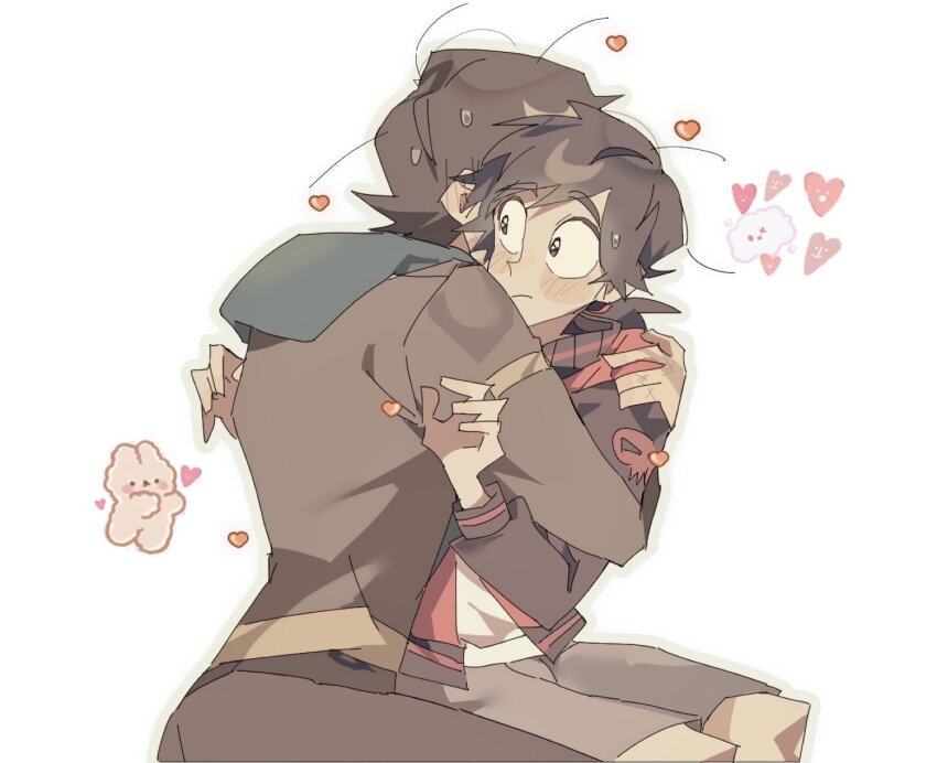 2boys, black_hair, black_jacket, blush, coat, commentary_request, disventure_camp, dokusuji_(kw9onou58)