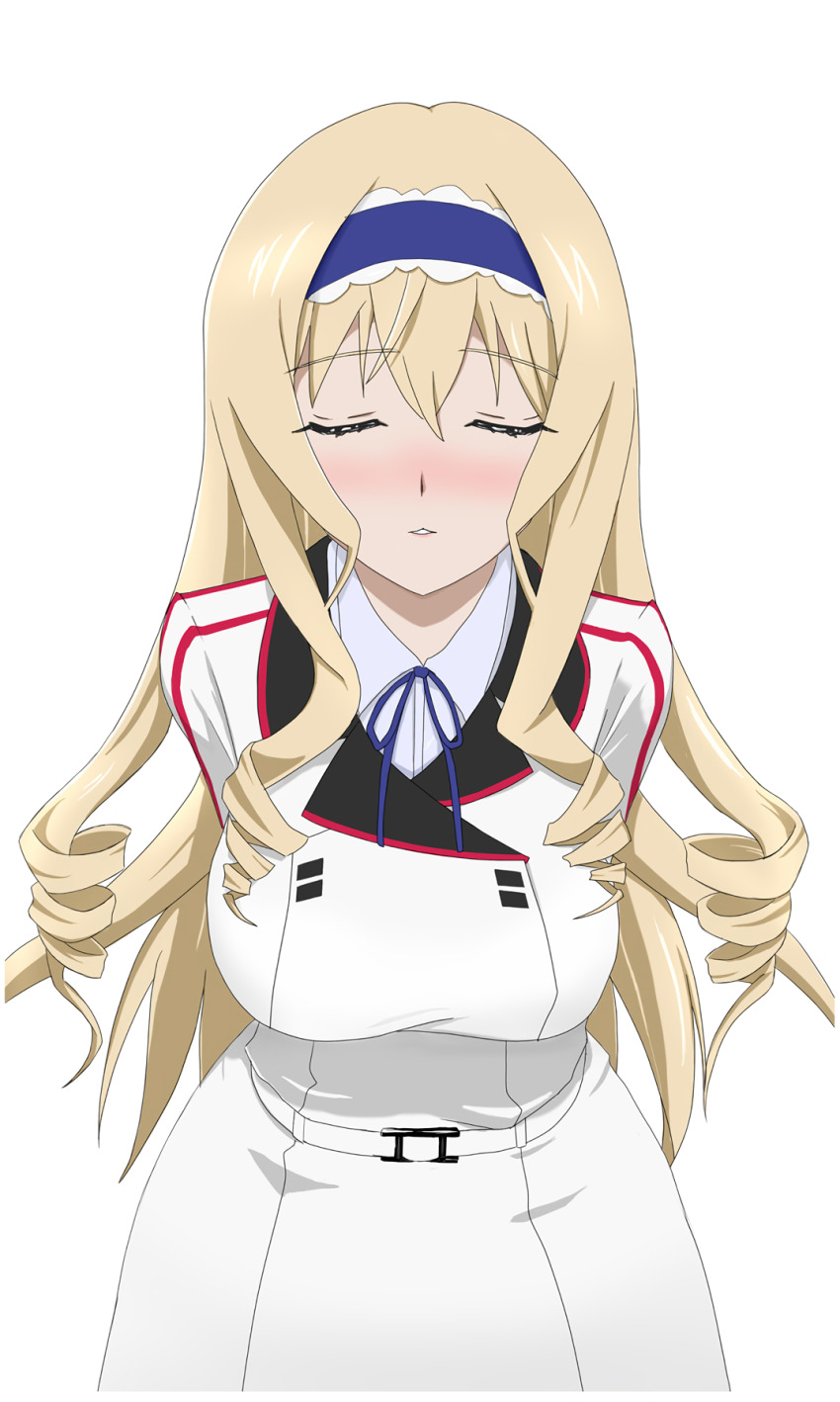 1girl, arms_behind_back, blonde_hair, blush, breasts, cecilia_alcott, closed_eyes, drill_hair