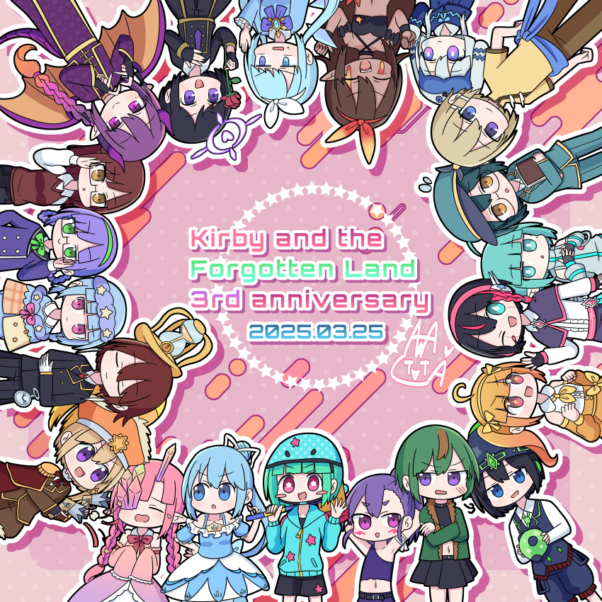 6+girls, absurdres, ahoge, anniversary, bandaged_arm, bandages, belt, black_belt, black_hair, blizzard_ice_kirby, blue_eyes, blue_hair, blush_stickers, bomb_kirby, book, bow, braid, brown_eyes, brown_hair, buzz-saw_cutter_kirby, chain_bomb_kirby, chakram_cutter_kirby, closed_eyes, clutter_needle_kirby, collar, copyright_name, crash_kirby, crossed_arms, crystal_needle_kirby, cutter_kirby, deep_sleep_kirby, detached_sleeves, dragon_fire_kirby, dress, drill_kirby, dual_wielding, fingerless_gloves, fire_kirby, fleur_tornado_kirby, flower, frosty_ice_kirby, genderswap, genderswap_(mtf), gigant_sword_kirby, glasses, gloves, green_eyes, green_hair, hair_bow, hair_ornament, hairband, hammer_kirby, hat, hat_feather, heterochromia, highres, holding, holding_book, holding_mallet, homing_bomb_kirby, horns, hourglass, humanization, ice_kirby, kirby, kirby_(series), kirby_and_the_forgotten_land, kirbypoyobom, mallet, multiple_girls, navel, necktie, needle_kirby, nintendo, noble_ranger_kirby, one_eye_closed, open_mouth, orange_hair, pencil_drill_kirby, personification, pocket_watch, purple_eyes, purple_hair, purple_necktie, ranger_kirby, red_flower, red_rose, rose, simple_background, skirt, sleep_kirby, sleeves_past_fingers, sleeves_past_wrists, smile, space_ranger_kirby, spiked_collar, spikes, star_(symbol), star_hair_ornament, storm_tornado_kirby, sword_kirby, tail, time_crash_kirby, tornado_kirby, toy_hammer_kirby, twin_drill_kirby, twintails, volcano_fire_kirby, watch, white_gloves, wild_hammer_kirby, wings