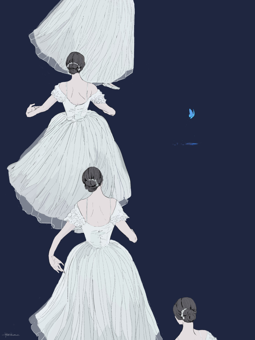 4girls, absurdres, artist_name, bare_shoulders, black_hair, blue_background, bug, butterfly