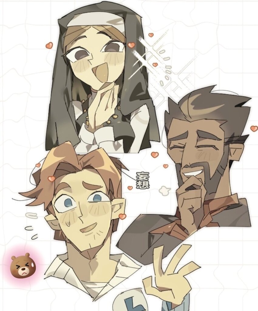 1girl, 2boys, beard, black_hair, blue_eyes, brown_eyes, brown_hair, closed_eyes