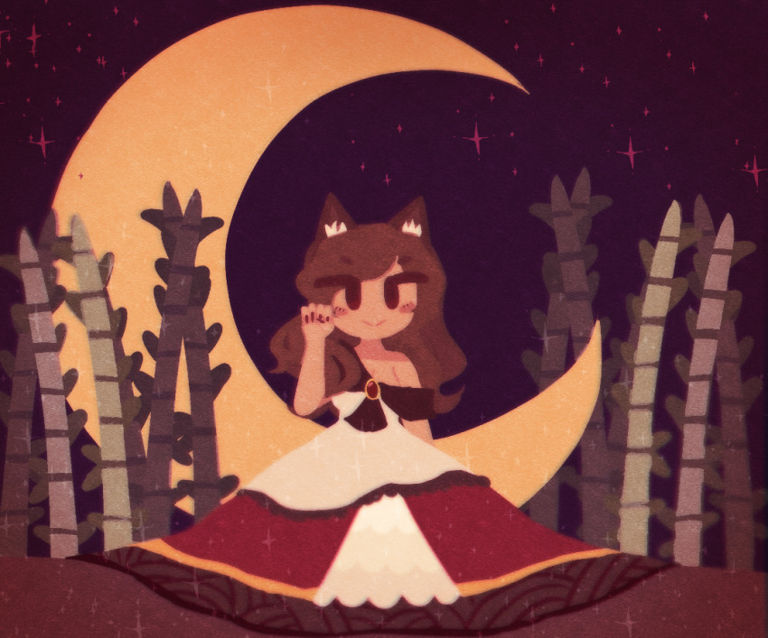 1girl, animal_ears, bamboo, bamboo_forest, bare_shoulders, blush_stickers, breasts, brooch