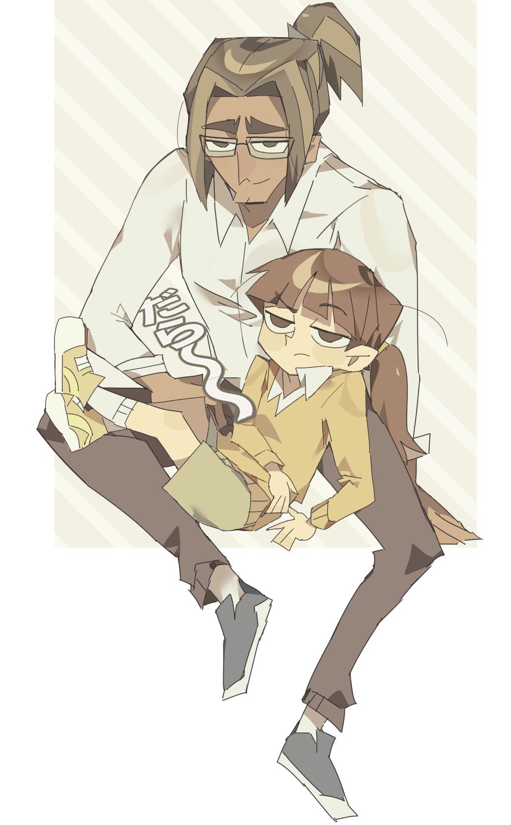 1boy, 1girl, alec_(disventure_camp), black_pants, blue_shoes, brown_eyes, brown_hair, collared_shirt