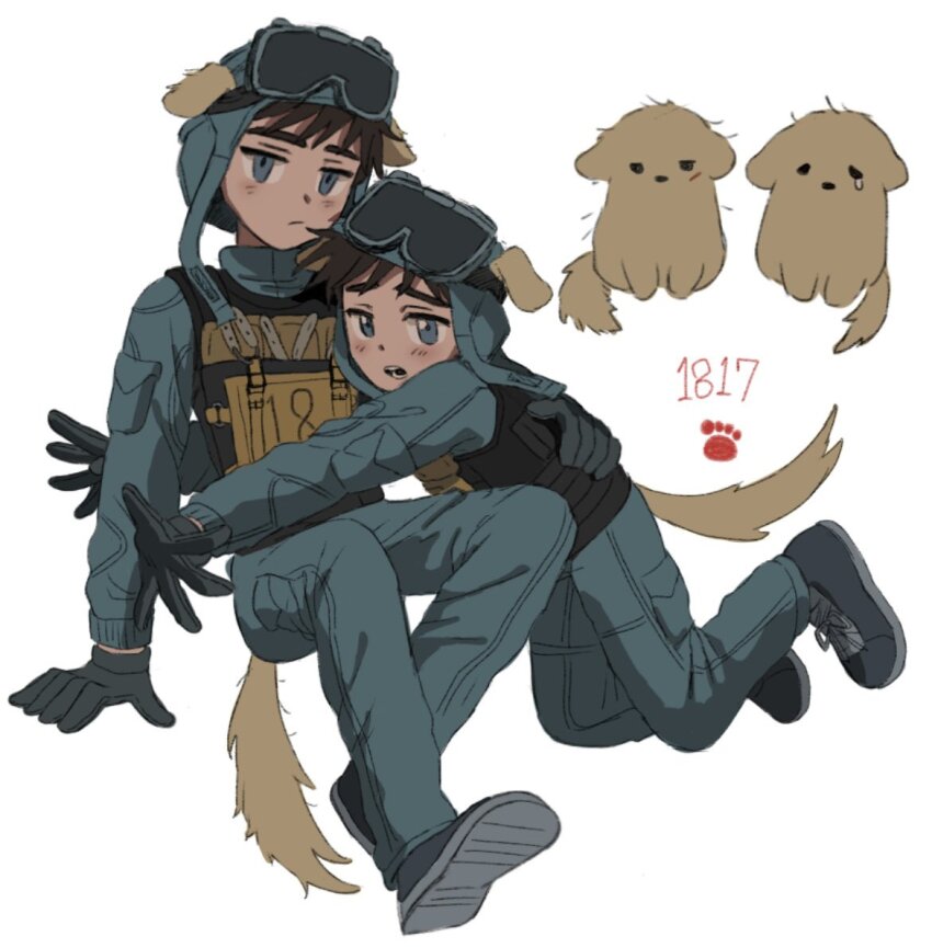 2boys, animal_ears, black_gloves, blue_eyes, blue_jumpsuit, brown_hair, dog, dog_ears