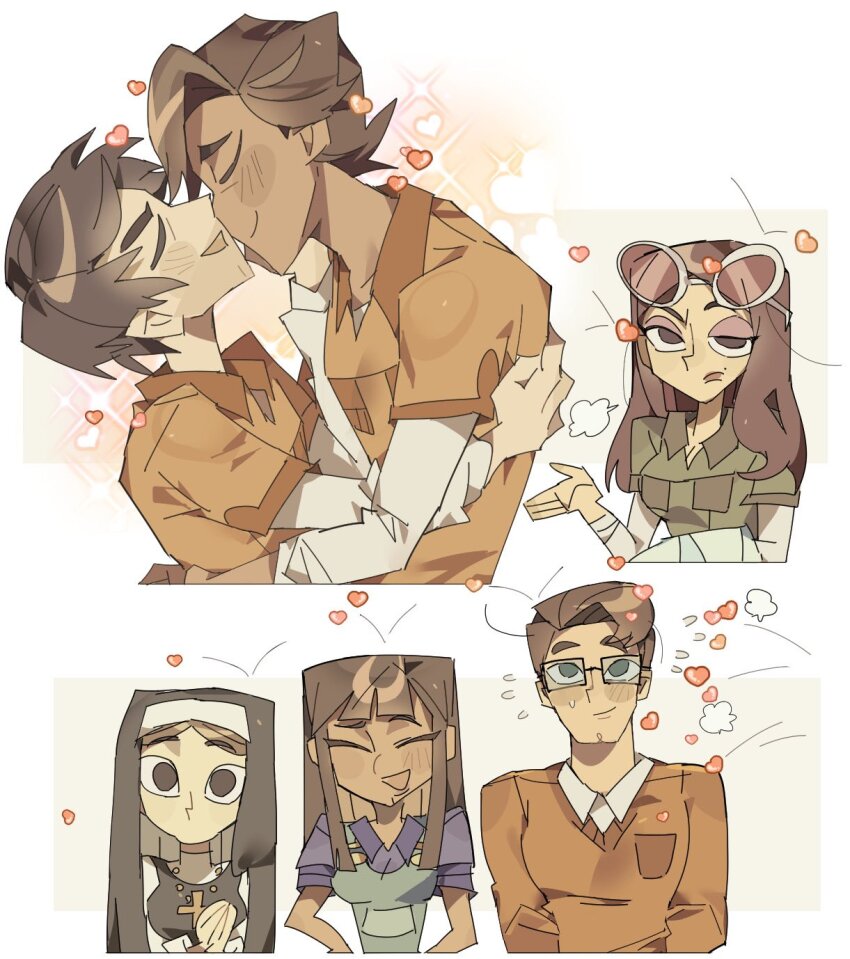 3boys, 3girls, arms_behind_back, benji_hattori, black_hair, brown_hair, closed_eyes, collared_shirt